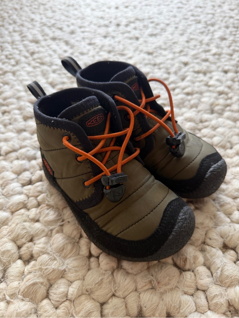 Keen Kids Olive Green and Black Boots with Orange Laces